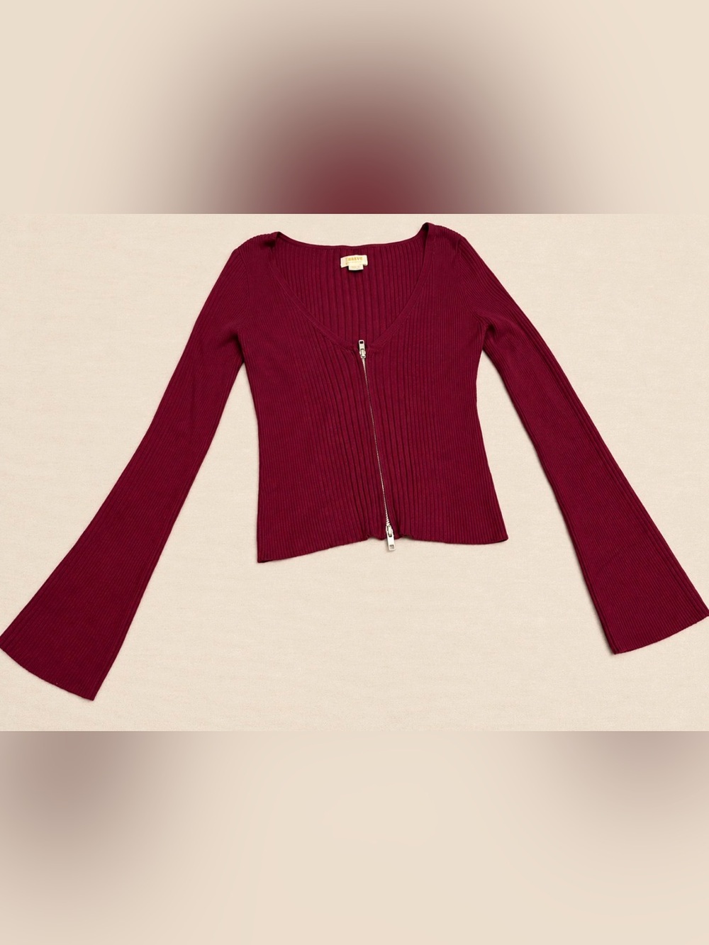 Maeve Anthropologie Burgundy Ribbed Zip Up Cardigan Flare Sleeve Y2K Small